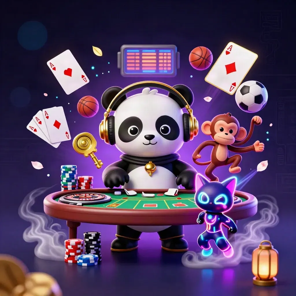 Neon casino animals dance around roulette turntables, chips, cards, balls, and glowing particles.