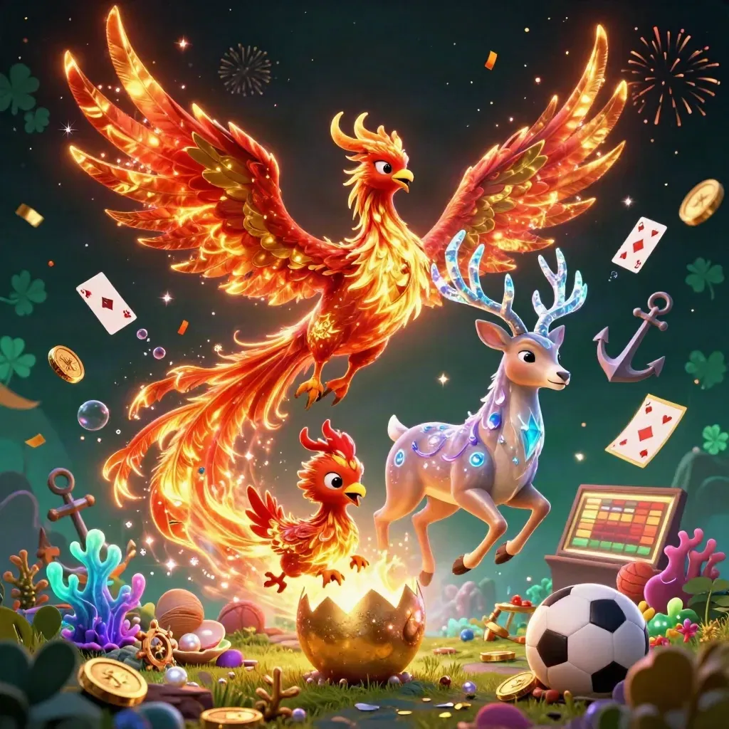 Phoenixes and a crystalline stag rise over casino treasure with balls, coins, and glowing magic.