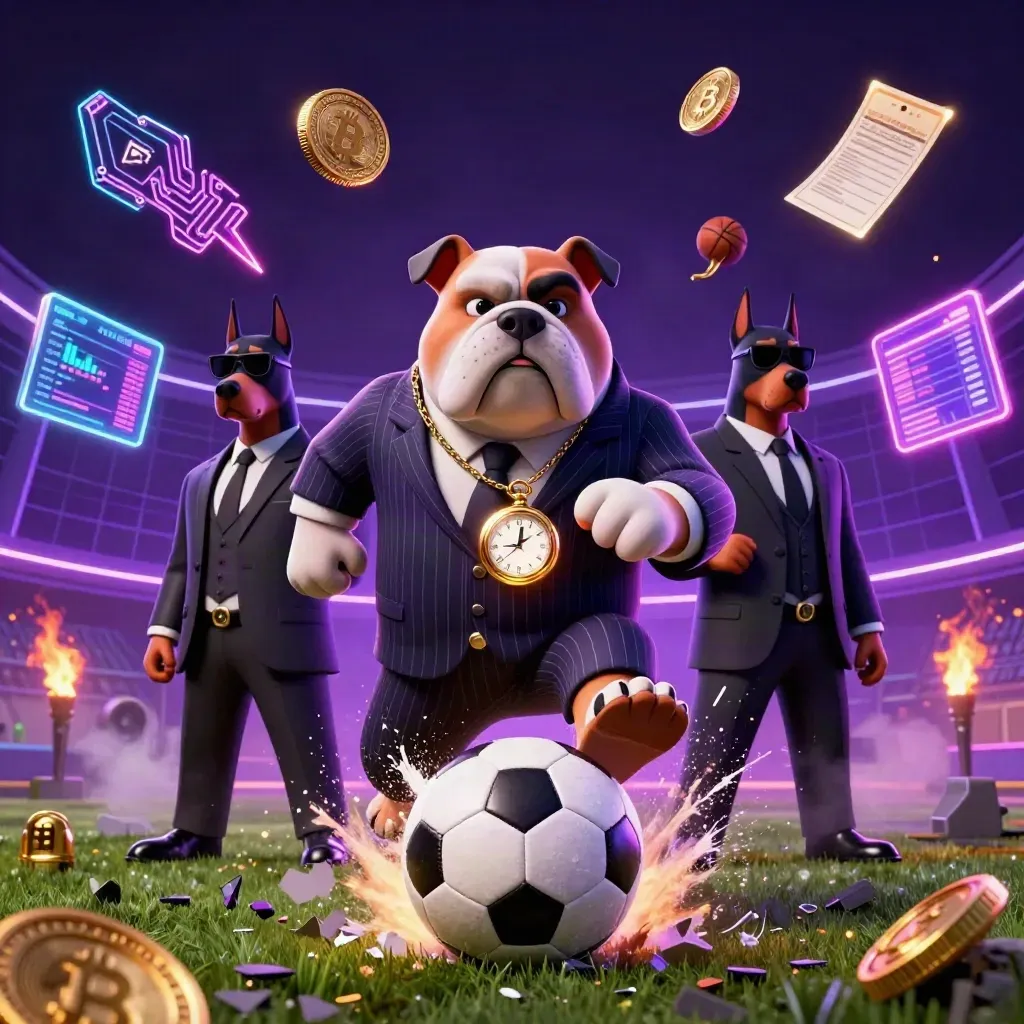 Mobster bulldog and Dobermans charge a soccer ball amid neon crypto casino effects.