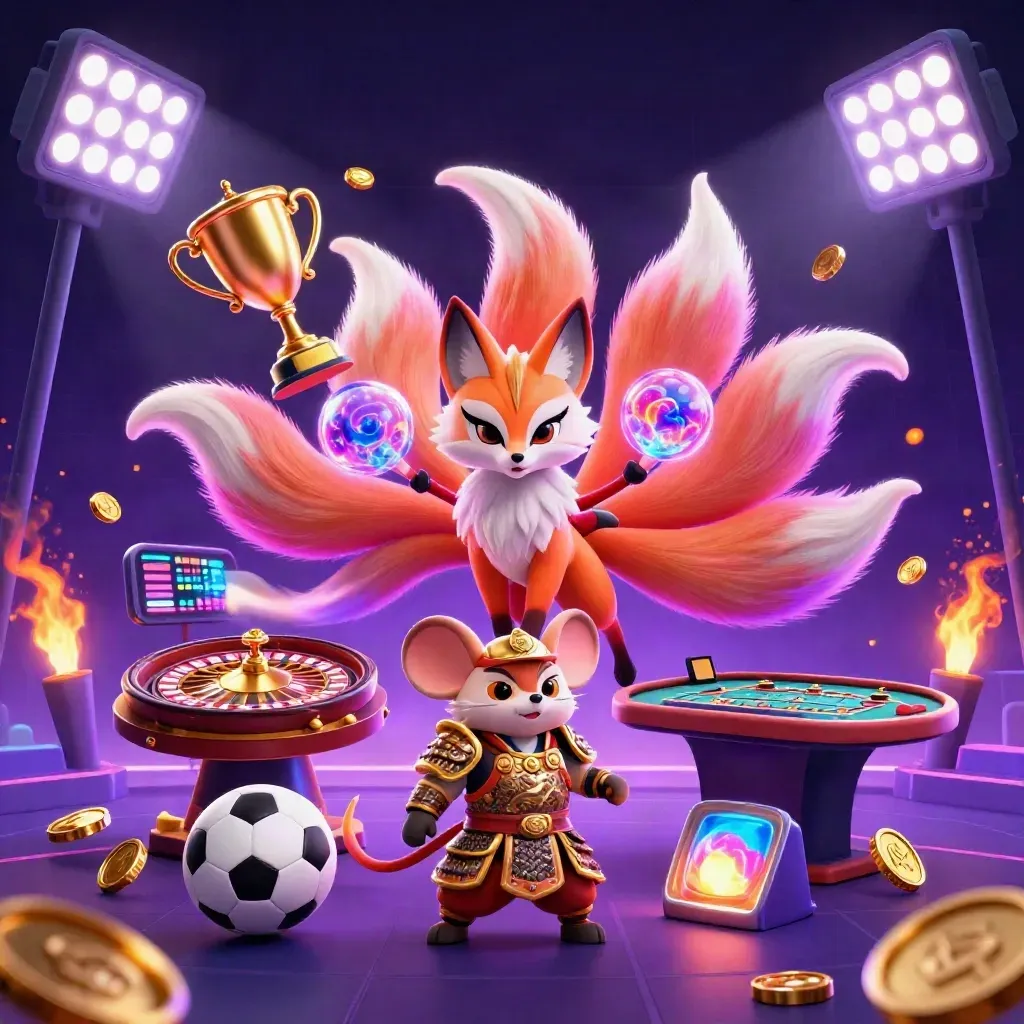 Neon fox spirit and samurai mouse in a casino-lit sci-fi burst with trophies, coins, and floodlights.