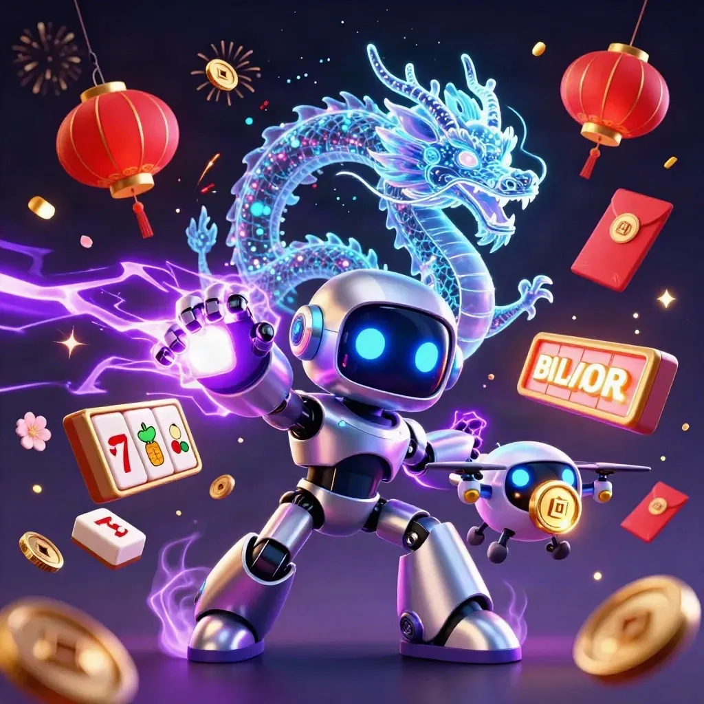 Cyberpunk robot, holographic dragon, and coin drone burst amid casino gems and neon energy.
