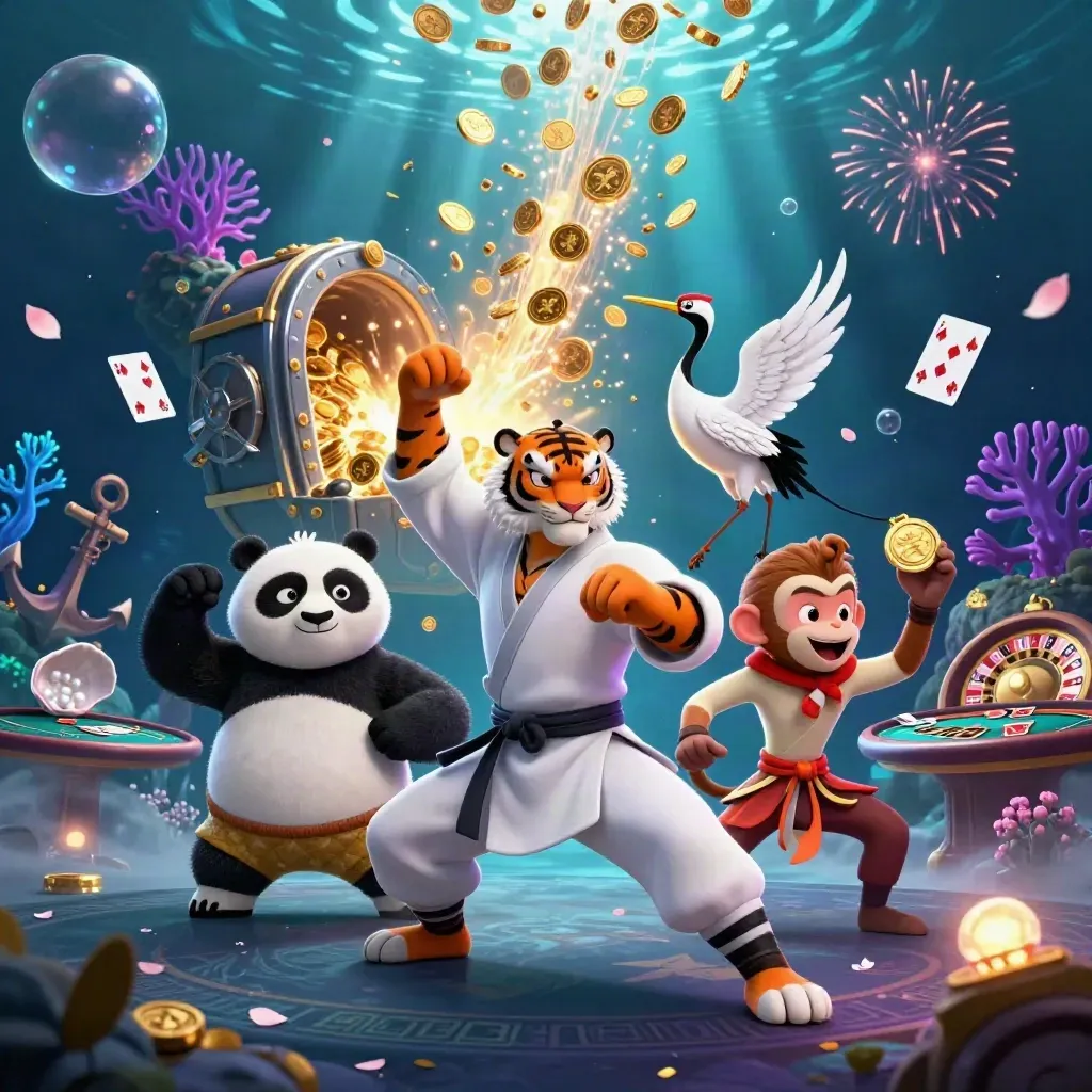 Tiger, panda, and monkey in a coin burst underwater casino scene with roulette and coral.