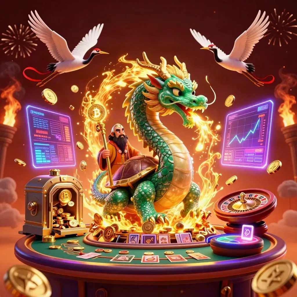 Dragon, turtle sage, and cranes amid casino fire, coins, cards, and neon effects.