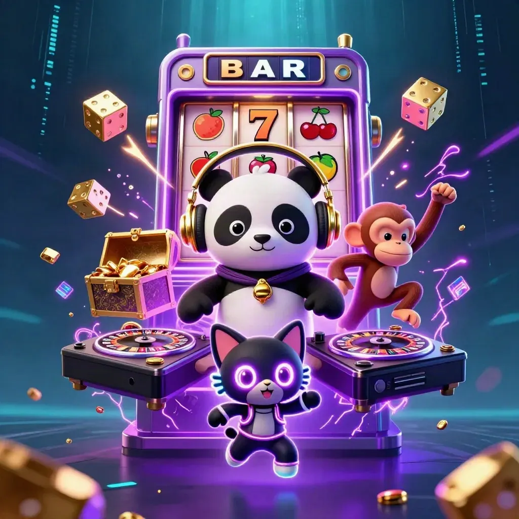 Panda DJ, monkey and rave kitten amid slot reels, gold bursts and neon purple casino energy.